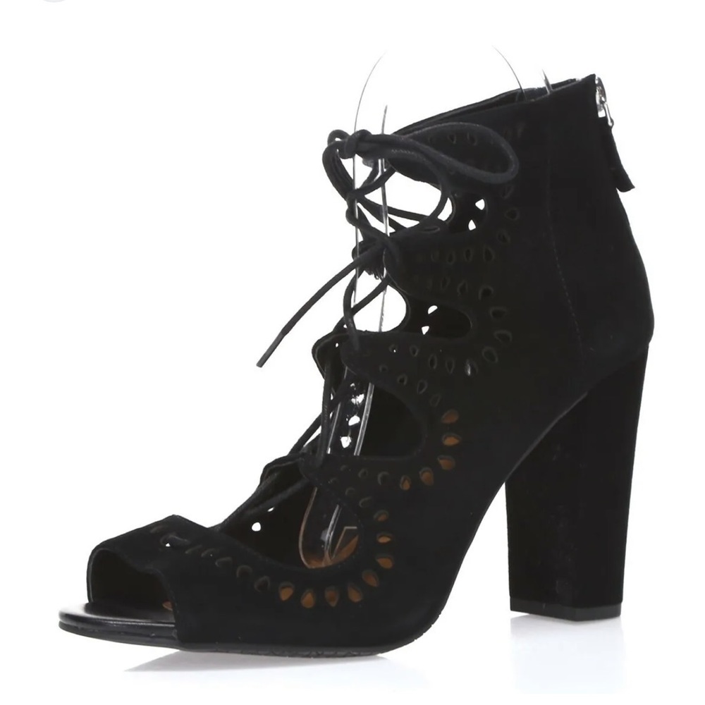 14th & Union Nordstrom Women’s Perforated Leather Black Open Toe Lace Up Heels 7